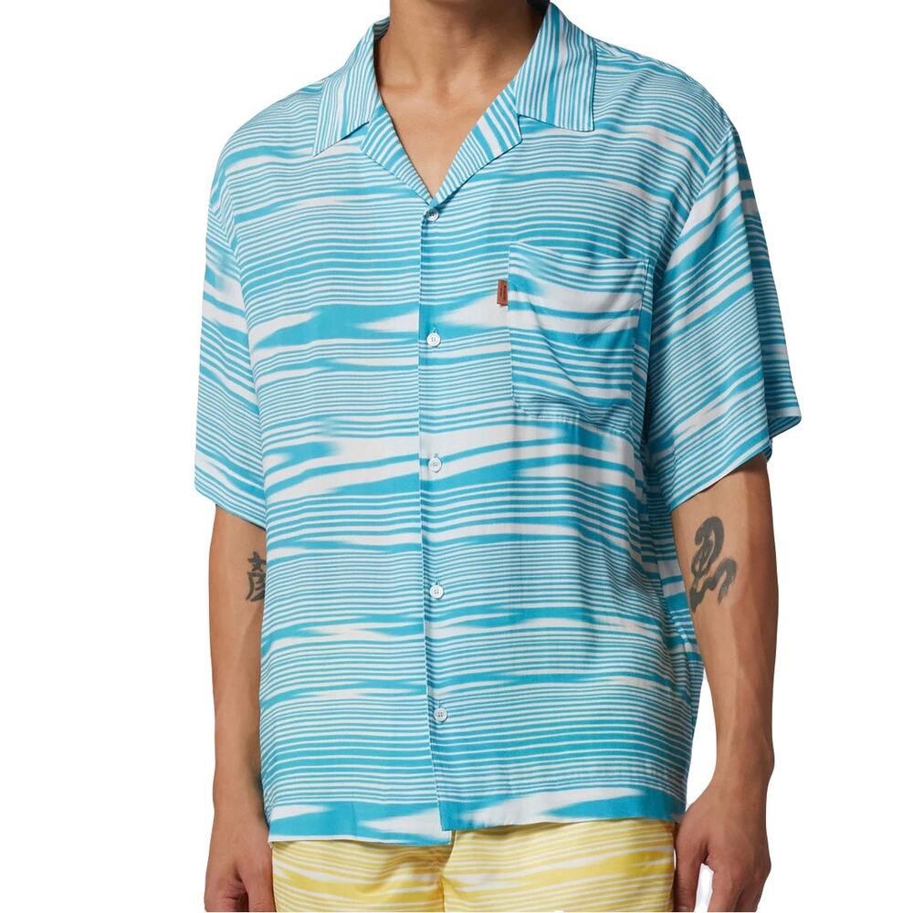 NWOT MISSONI Shirt M Blue White Geo-Stripe Logo Short-Sleeve Button-Up Pocket